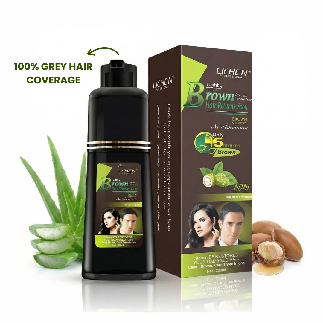 Lichen hair color shampoo with bottle and packaging on a white background