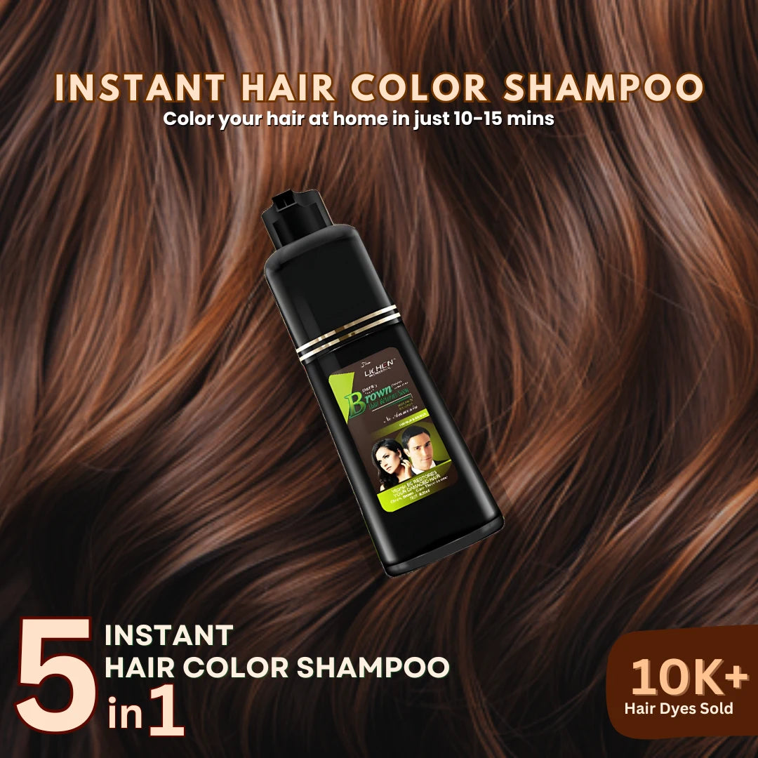 Instant Hair Color Shampoo bottle shown over a background of long brown hair, with promotional text reading '5 Instant Hair Color Shampoo in 1' and '10K+ Hair Dyes Sold'.