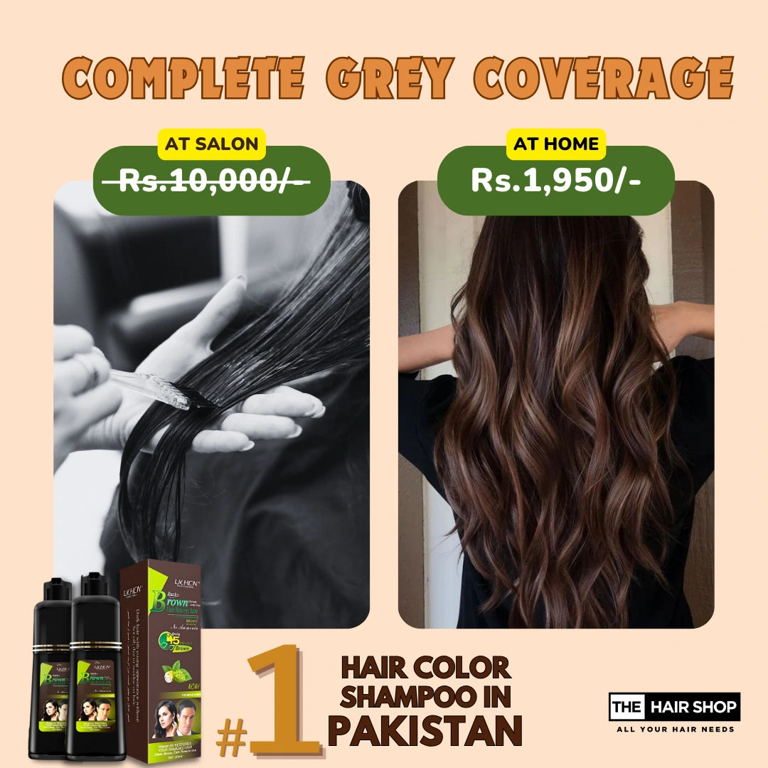 Promotional graphic for a hair color shampoo offering 'Complete Grey Coverage'. The image features a split comparison: on the left, a black and white photo of a stylist applying dark hair dye to a client's hair; on the right, a color photo of a woman with long, wavy brown hair showing the result.