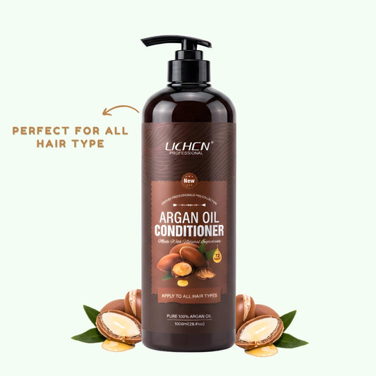 A bottle of LICHEN Argan Oil Conditioner centered on a pale mint-green background, with argan nuts and leaves arranged around the base. Text on the left reads 'PERFECT FOR ALL HAIR TYPE' with an arrow pointing to the bottle.